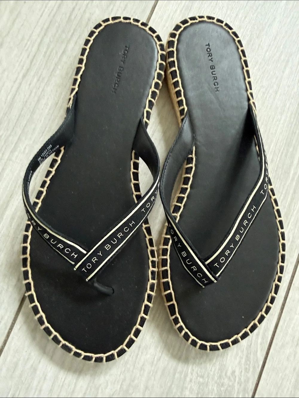 Tory Burch Women's Tory Ribbon Thong Espadrilles, Perfect Black/ New Cream Sz 9